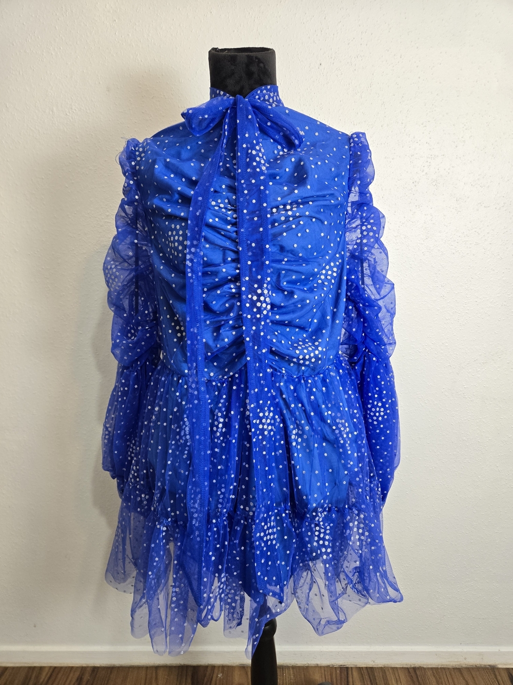 Blue & Silver Polka Dot Ruffle Dress – Size 1X